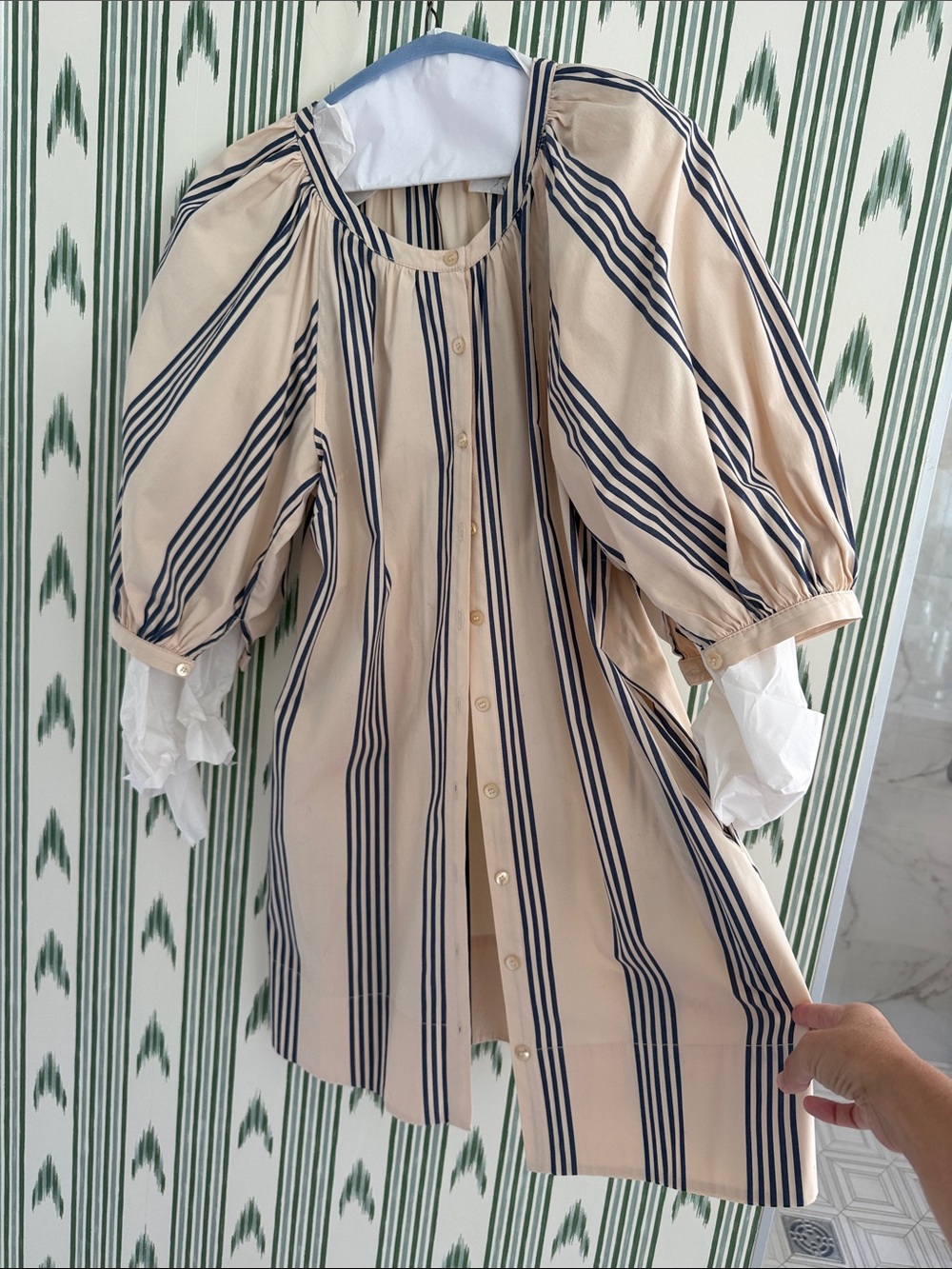 STAUD Cream Mini Dress with Navy Stripes